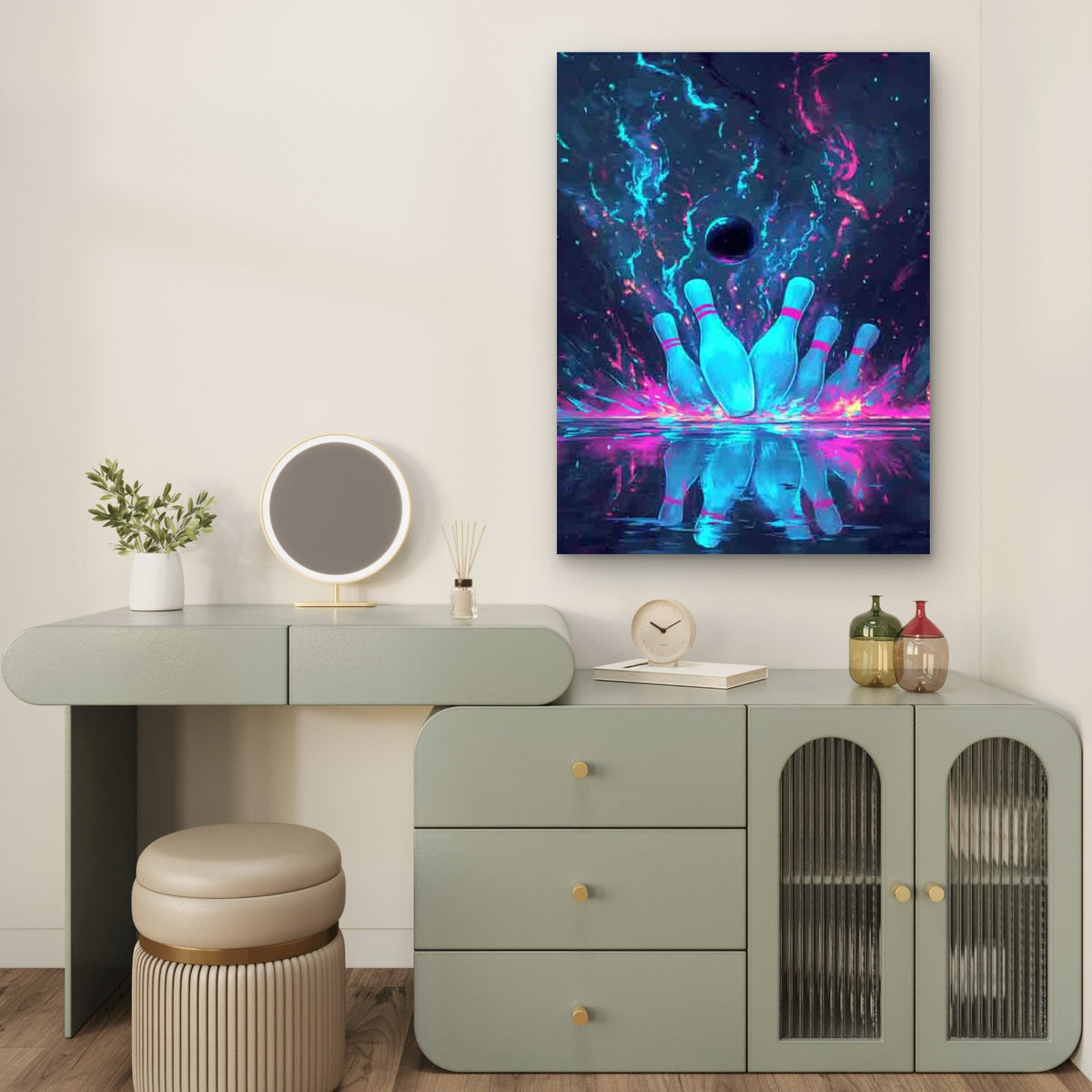 Bowling Art with Electric Blue & Pink Lightning Effects 60x90cm Metal Print Ready to Hang