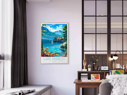 Lake Annecy In France, Trees & Flowers Travel Poster Print Wall Art