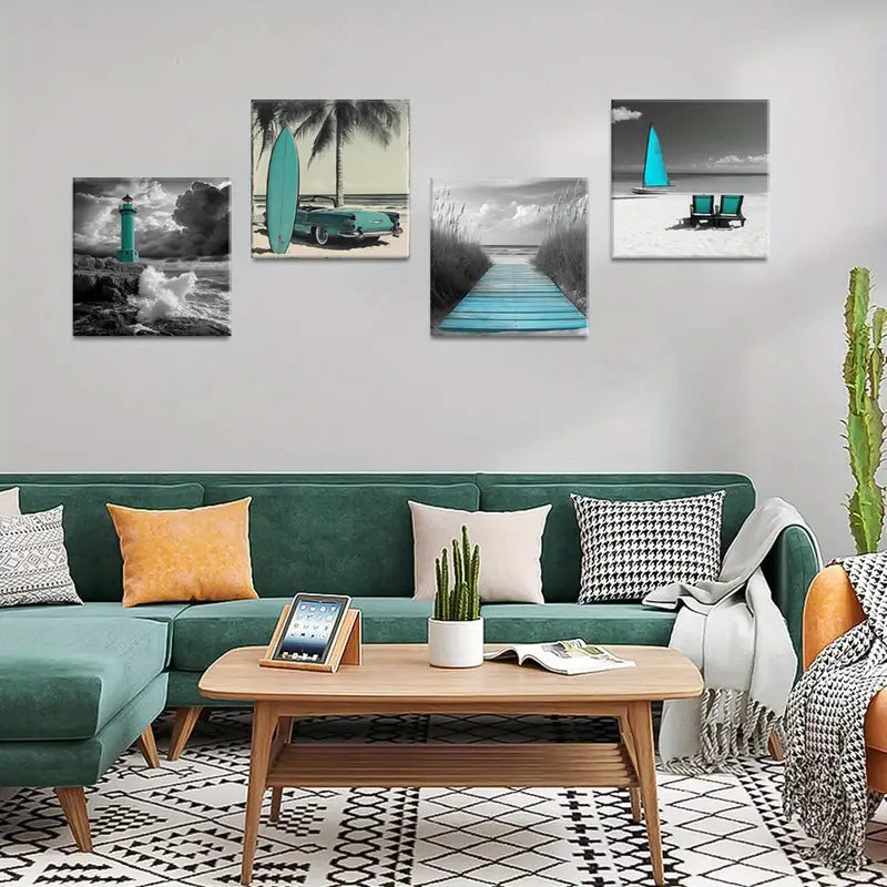 4pcs Ocean Waves Poster,  Wall Art Canvas Framed