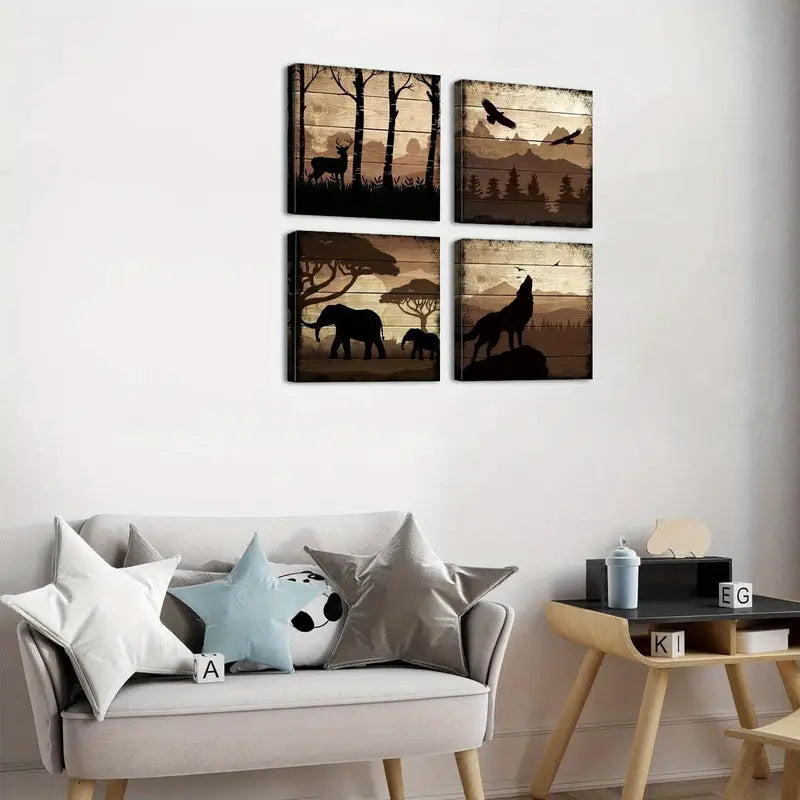 4pcs Wildlife  Deer Wolf Elephant  Wall Art Canvas Framed