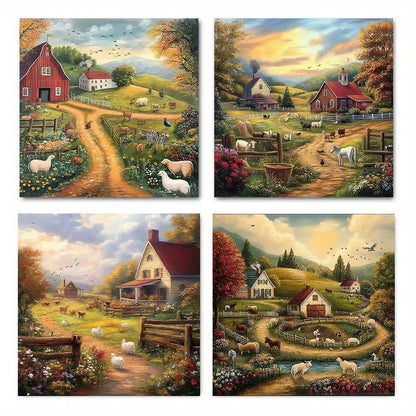 4pcsBeautiful Countryside View Wall Art Canvas Framed