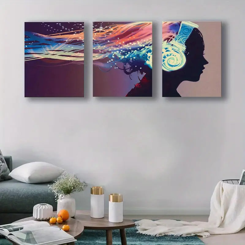 3pcs Woman With Glowing Headphones Metal Print Ready to Hang Art