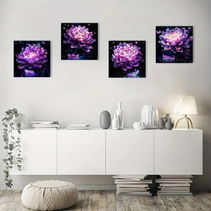 4pcs Purple Lotus Flower Wall Art Canvas Framed