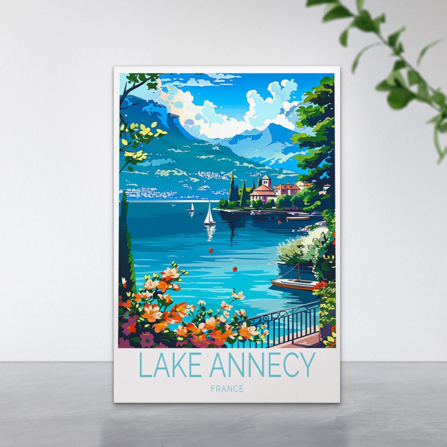 Lake Annecy In France, Trees & Flowers Travel Poster Print Wall Art