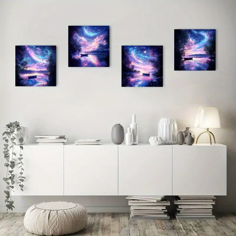 4pcs White moon purple forest fg   Wall Art Canvas Framed