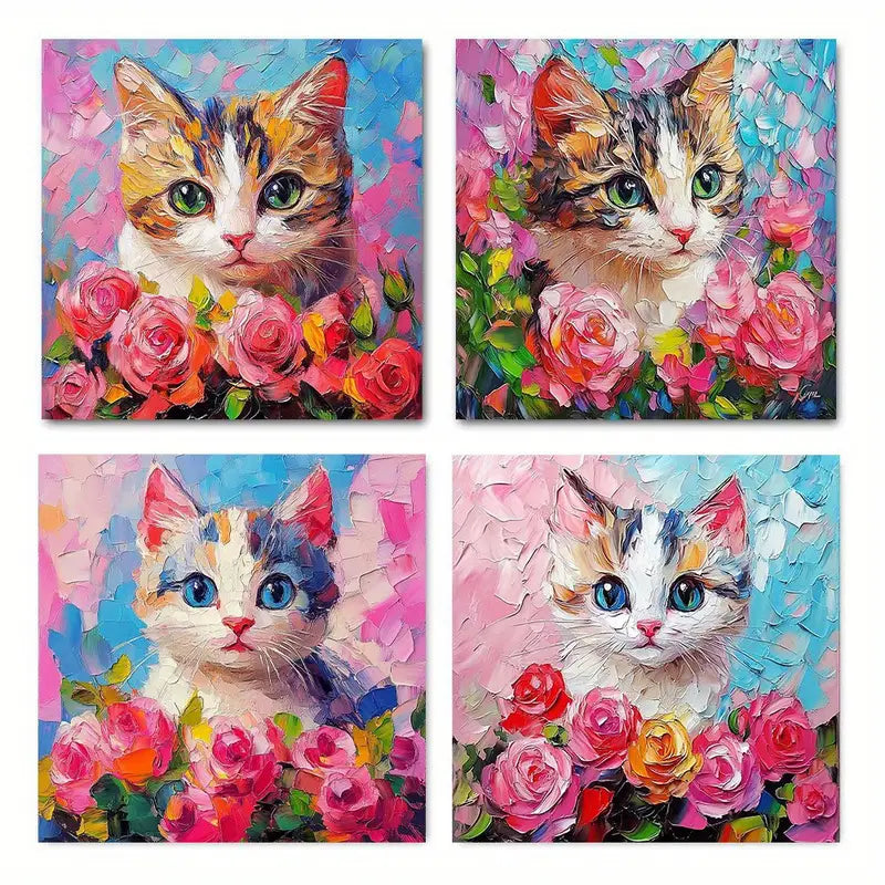 4pcs  Orange cat pink flowers  Wall Art Canvas Framed