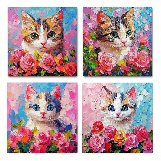 4pcs  Orange cat pink flowers  Wall Art Canvas Framed