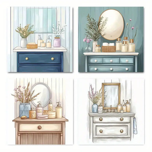 4pcs Floral Bathroom Cabinet Deco Wall Art Canvas Framed