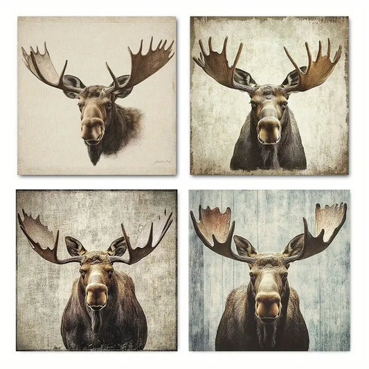 4pcs Painting Elk Print Wall Art Canvas Framed