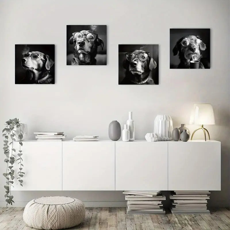 4pcs Vintage Dog Smoking Funny Wall Art Canvas Framed