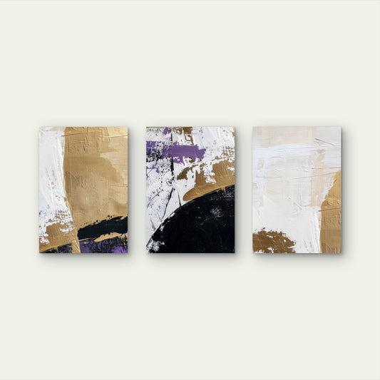 3pcs Modern Abstract Purple Gold Black Wall Art Set Canvas Framed 50x70cm - High Quality Print 100% Australian Made Wall Canvas Ready to Hang