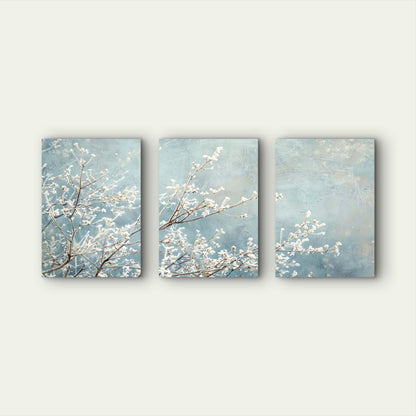 3pcs Frosted White Blossoms On Blue Sky Wall Art Set Canvas Framed 40x60cm - High Quality Print 100% Australian Made Wall Canvas Ready to Hang