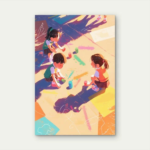 Children Playing With Chalk Outdoors 40x60cm Metal Print Ready to Hang