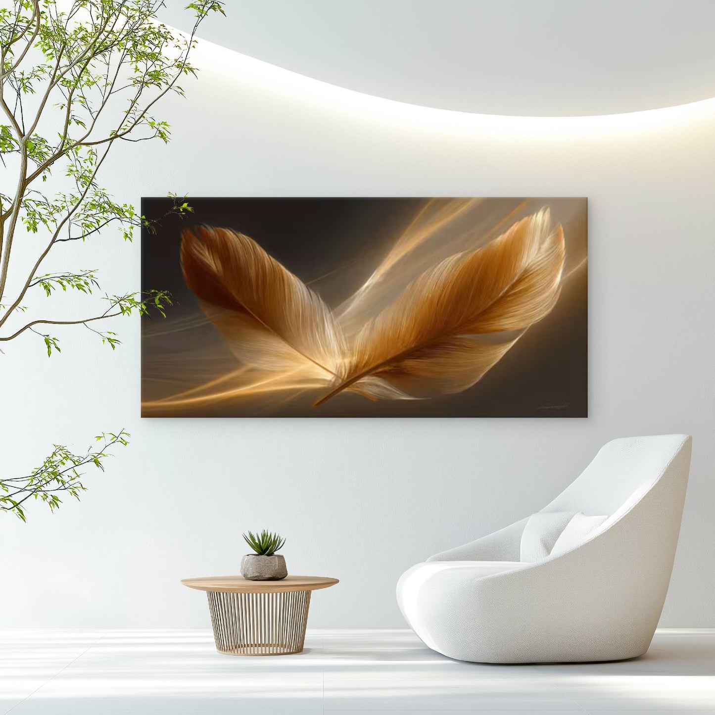 Golden & Brow Feather Wall Art Canvas Office Home Room Framed 120x60cm