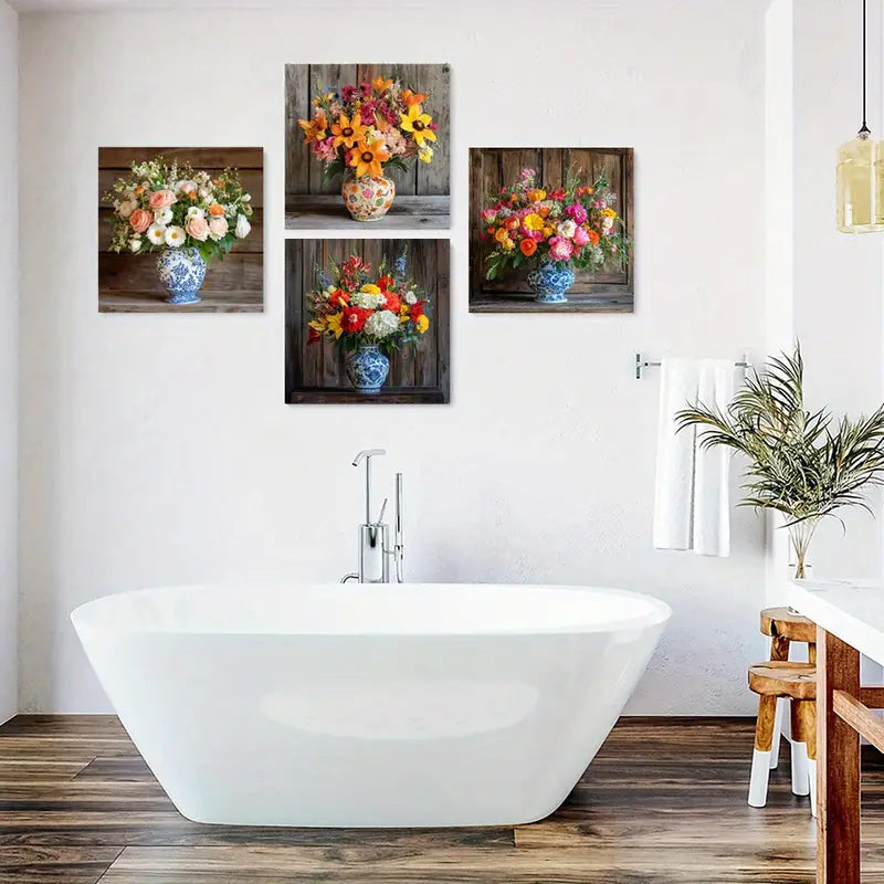 4pcsVibrant Bouquet Art Prints in Blue And Whit Wall Art Canvas Framed