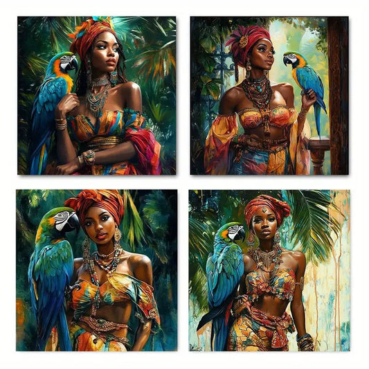 4pcs Women with Parrots, Colorful  Wall Art Canvas Framed