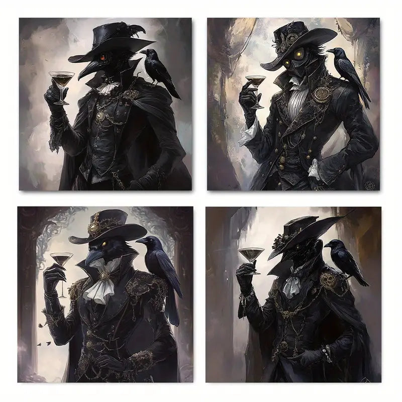 4pcs Mysterious Bird Motifs Wall Art Canvas Framed