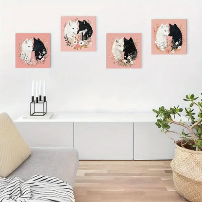 4pcs Black and White Wolves with Floral   Wall Art Canvas Framed