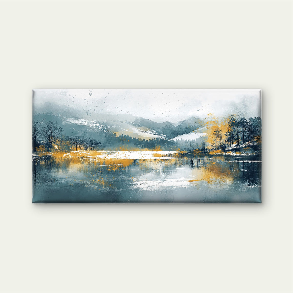 Mountain Lake Blue Grey Yellow Wall Art Canvas Office Home Room Framed 120x60cm
