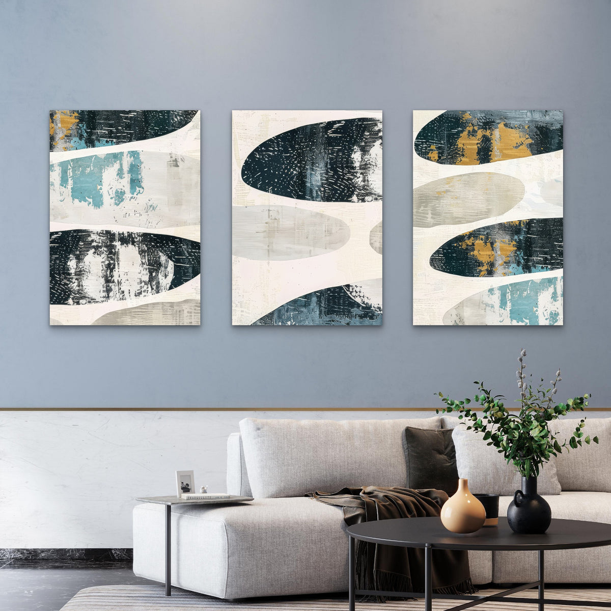 3pcs Navy Gold Mid Century Geometric Paints Wall Art Set Canvas Framed 60x90cm - High Quality Print 100% Australian Made Wall Canvas Ready to Hang