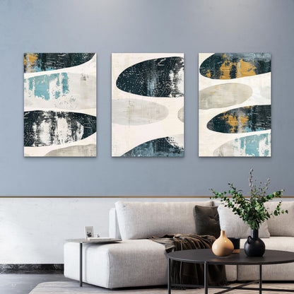 3pcs Navy Gold Mid Century Geometric Paints Wall Art Set Canvas Framed 60x90cm - High Quality Print 100% Australian Made Wall Canvas Ready to Hang