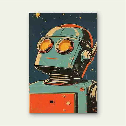 Vintage Style Robot Pattern with Starry Background 60x90cm Metal Print Ready to Hang - Bella Home Decor