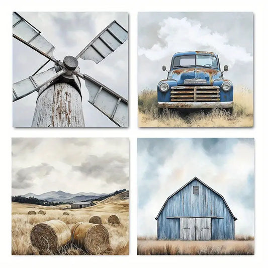 4pcs Classic Blue Truck, Hay Bale Field & Blue Wall Art Canvas Framed
