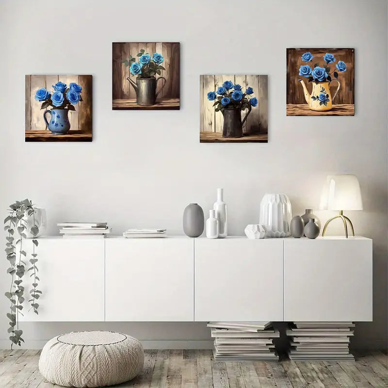 4pcs  Rustic Blue Roses Canvas Wall Art Canvas Framed