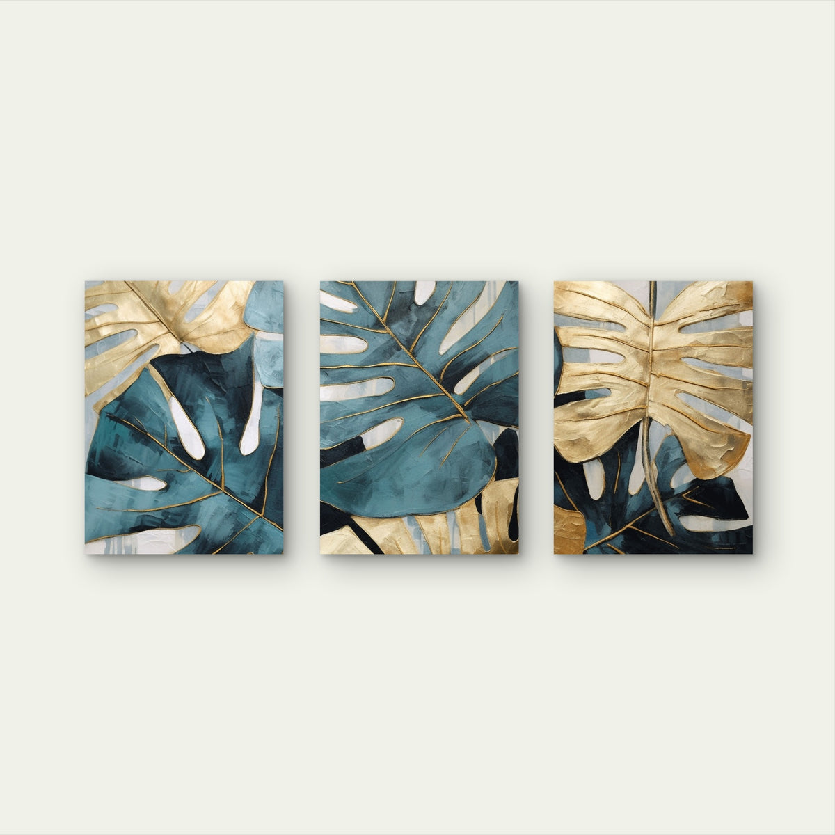 3pcs Tropical Monstera Teal Gold Leaf Wall Art Set Canvas Framed 40x60cm - High Quality Print 100% Australian Made Wall Canvas Ready to Hang