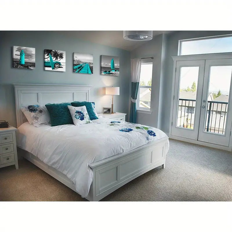 4pcs Black and White Ocean Lighthouse  Wall Art Canvas Framed