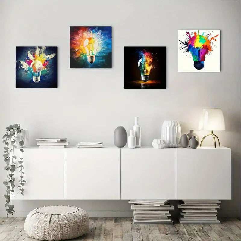 4pcs Colorful Fantasy Light Bulb Wall Art Canvas Framed