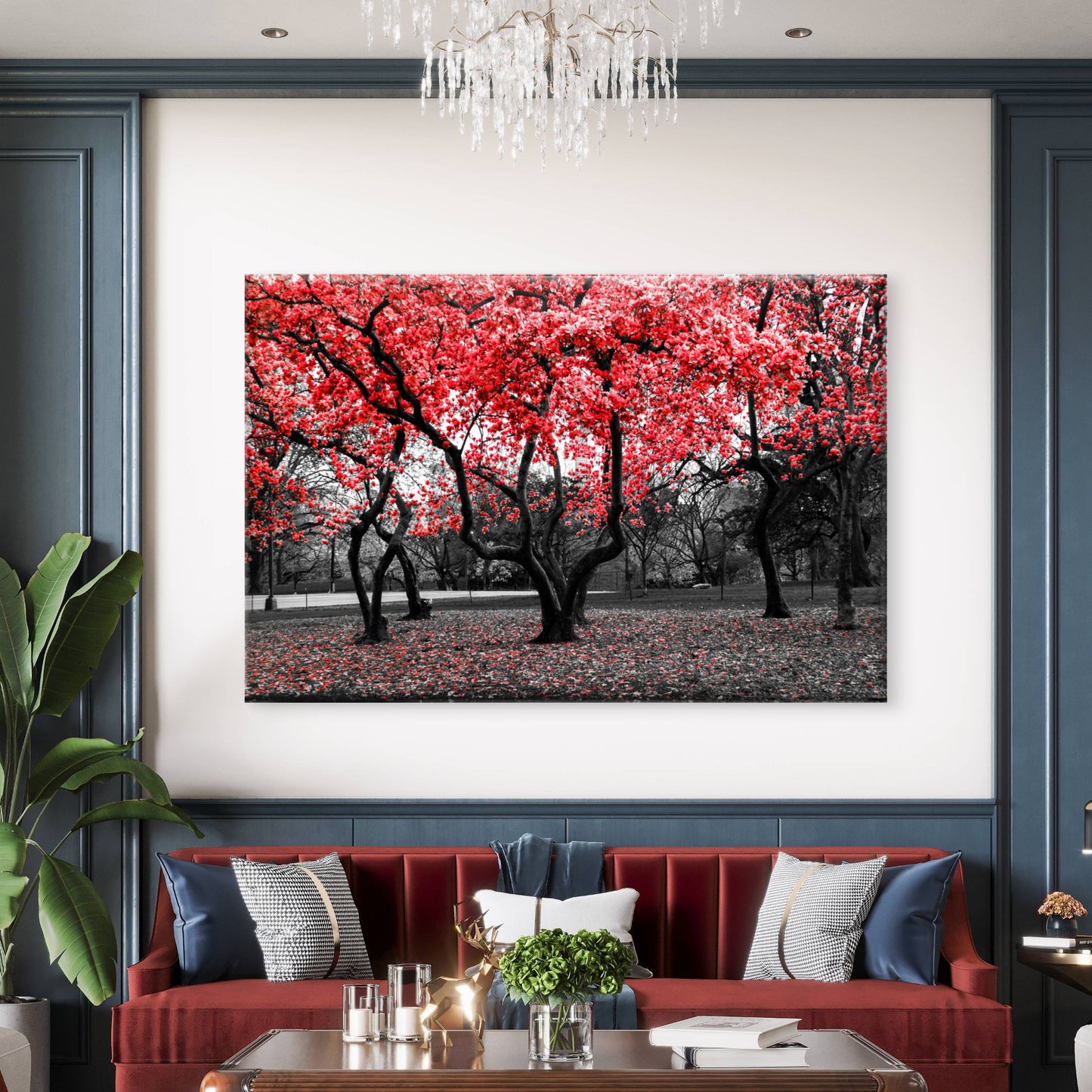 Red Flower Tree Black and White Forest Wall Art Decor 100% Australian Made
