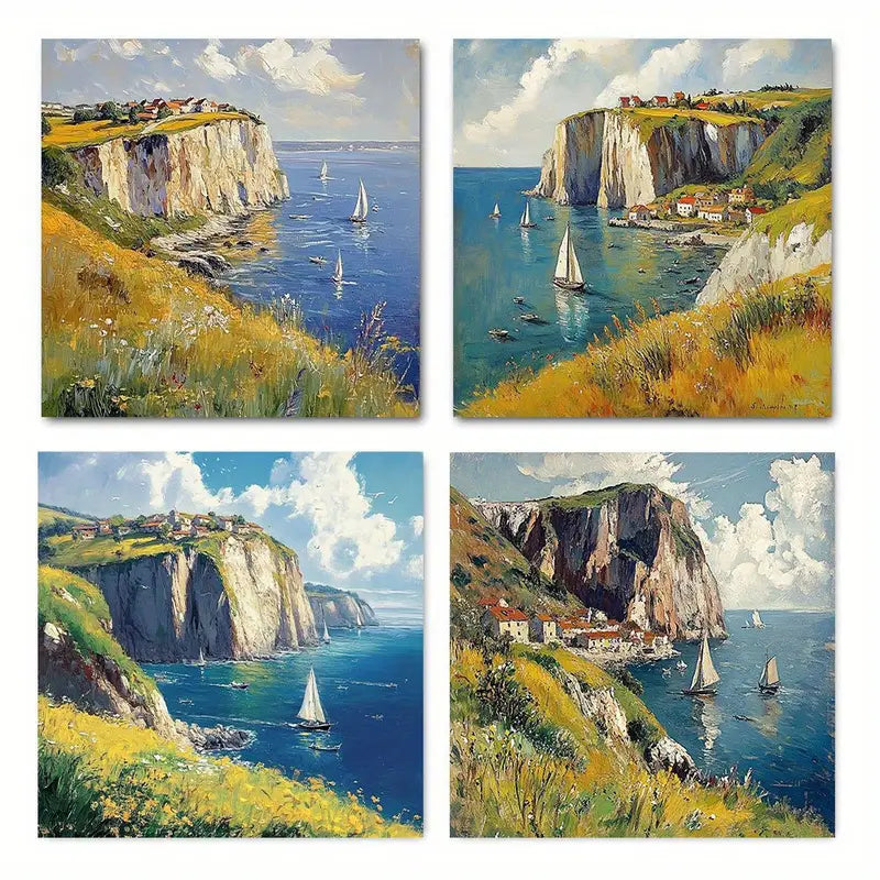 4pcs Village with Cliffside View and Sailboat Wall Art Canvas Framed