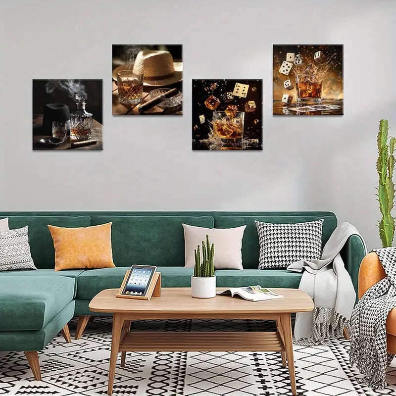 4pcs Whiskey Posters, Decorative Artwork  Wall Art Canvas Framed