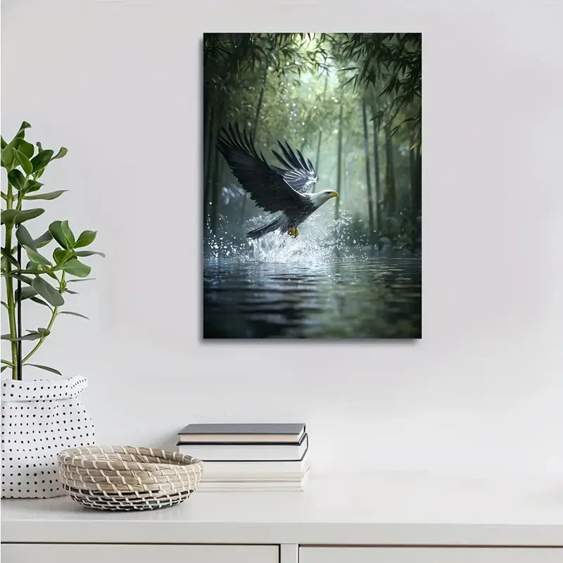 Majestic Eagle Splashing in Bamboo Grove 40x60cm Metal Print Ready to Hang