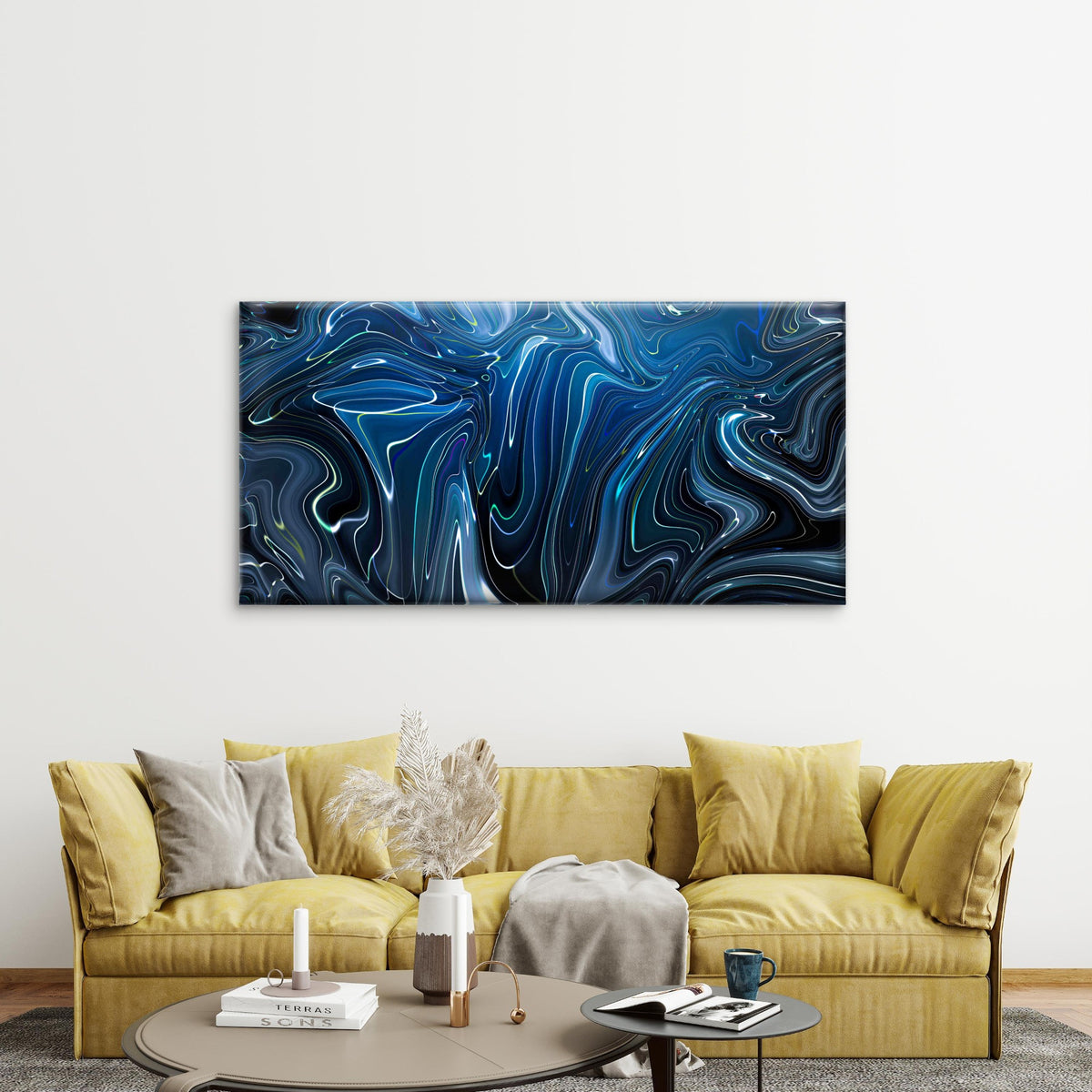Blue Abstract Liquid Marble Wall Art Canvas Office Home Room Framed 120x60cm