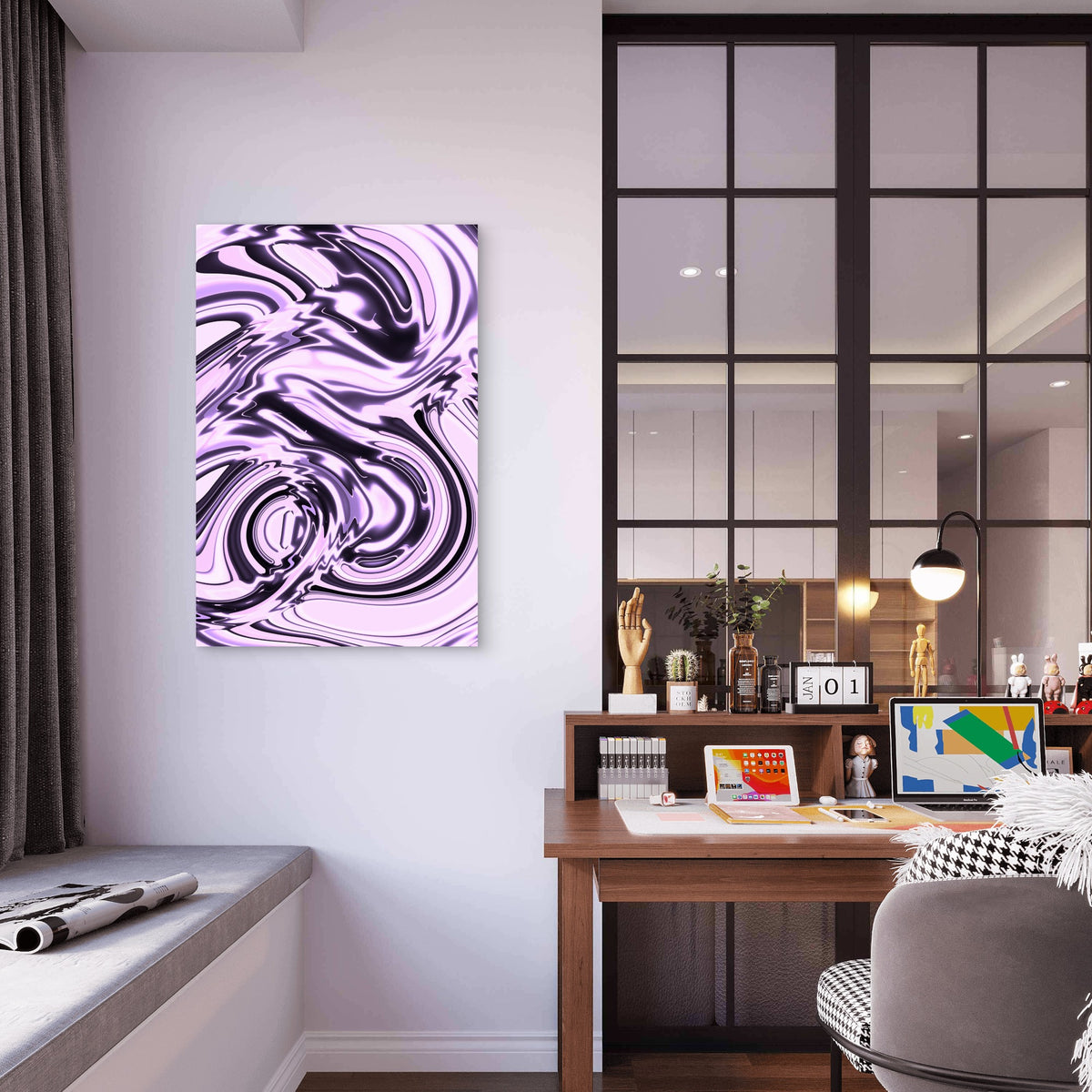 Abstract Purple and Black Metallic Swirls 60x90cm Metal Print Ready to Hang