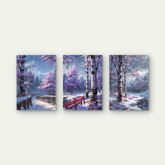 3pcs Winter Snow Cherry Blossom Bridge Landscape Wall Art Set Canvas Framed 50x70cm - High Quality Print 100% Australian Made Wall Canvas Ready to Hang