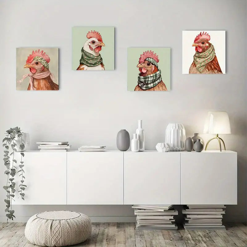 4pcs Babushka Chicken Prints  Wall Art Canvas Framed