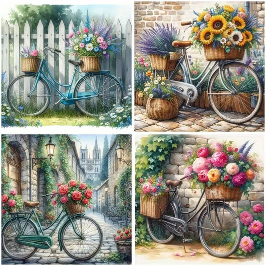 4pcs Colorful Flowers and Bicycle Pattern Wall Art Canvas Framed