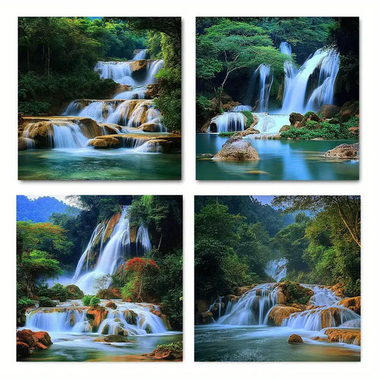 4pcs Green Trees River Spring Tropical Forest Wall Art Canvas Framed