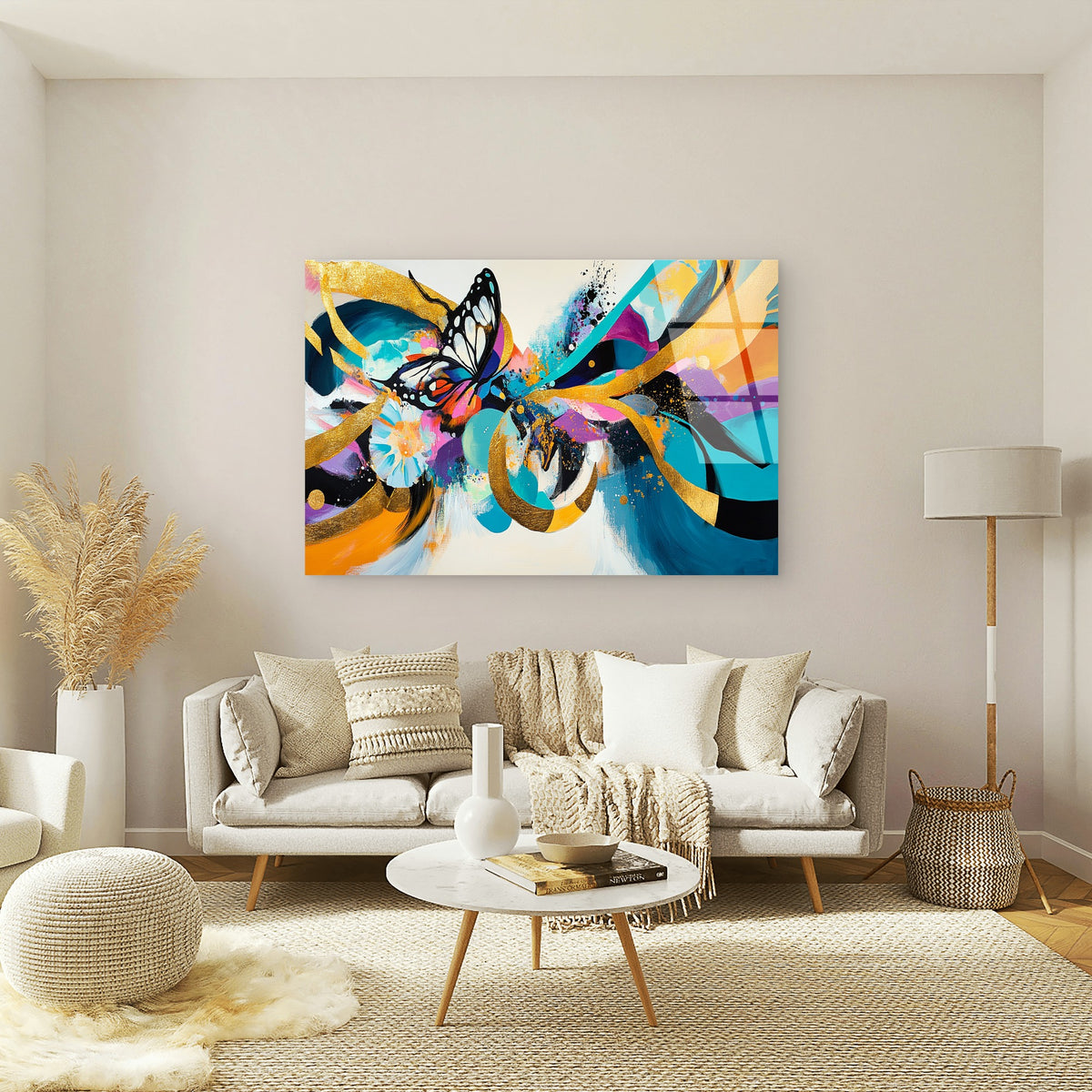 Teal Gold Butterfly Abstract Glass Printing Wall Art Australian Made Quality