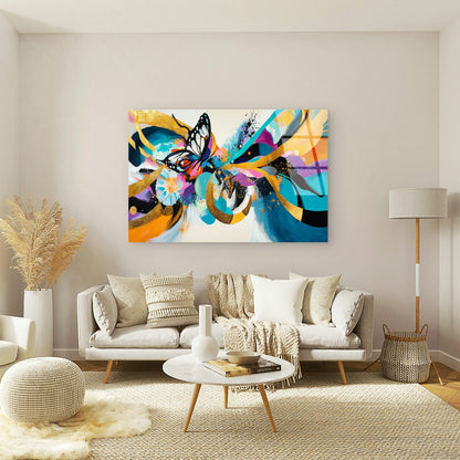 Teal Gold Butterfly Abstract Glass Printing Wall Art Australian Made Quality