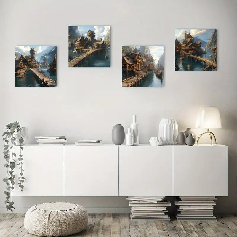 4pcsGouchai Mountain village Magical knockof Wall Art Canvas Framed