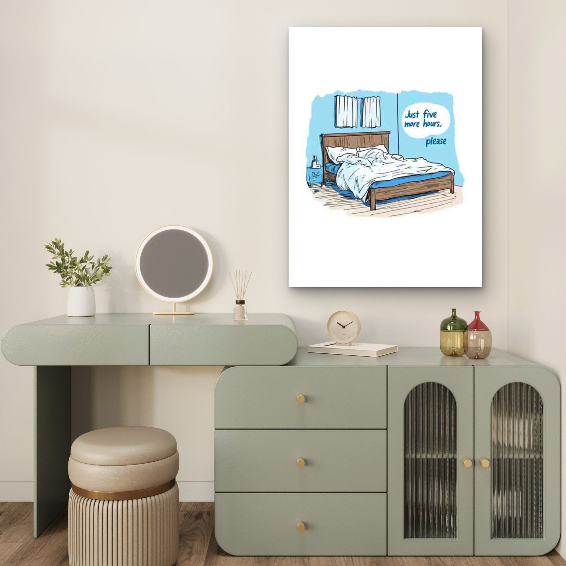 Unmade Bed Illustration with 'Just Five More Minutes' Text  60x90cm Metal Print Ready to Hang - Bella Home Decor