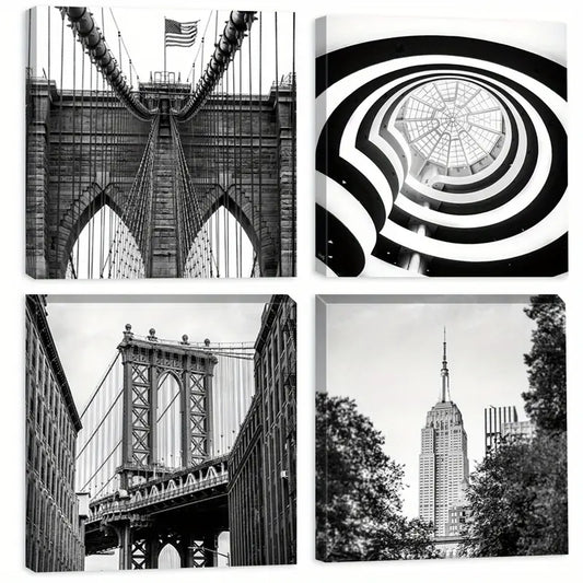 4pcs Brooklyn Bridge Wall Art, American Flag Wall Art Canvas Framed