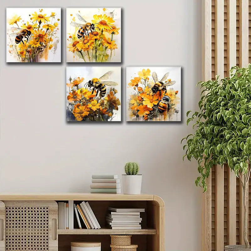 4pcsYellow Flower Wall Art Bee Wall Art Canvas Framed