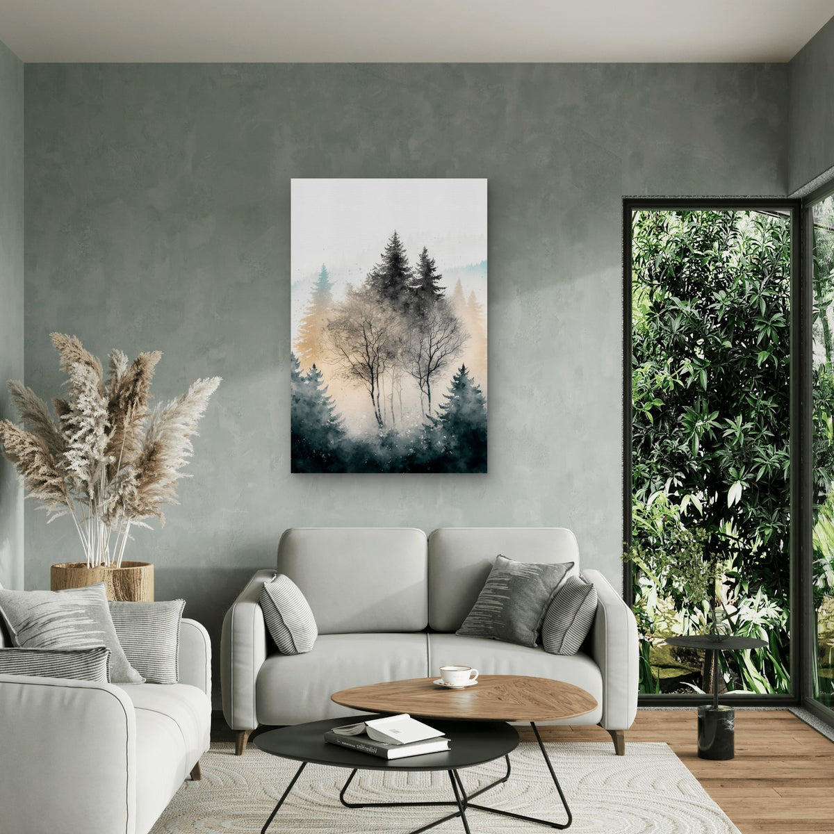 Layered Forest Landscape in Monochrome Watercolor 60x90cm Metal Print Ready to Hang