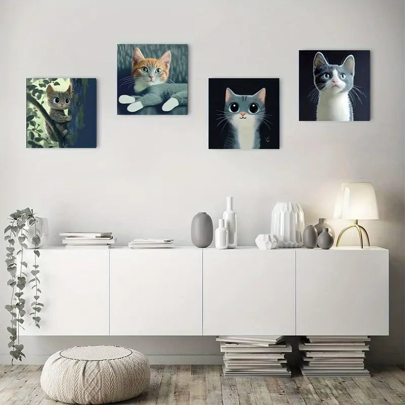 4pcs Charming Blue Cat Modern Wall Art Canvas Framed