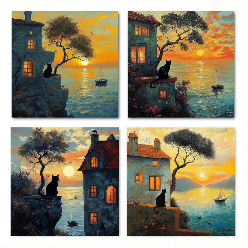 4pcs Black Cat Beach Sunset Dead Trees Wall Art Canvas Framed
